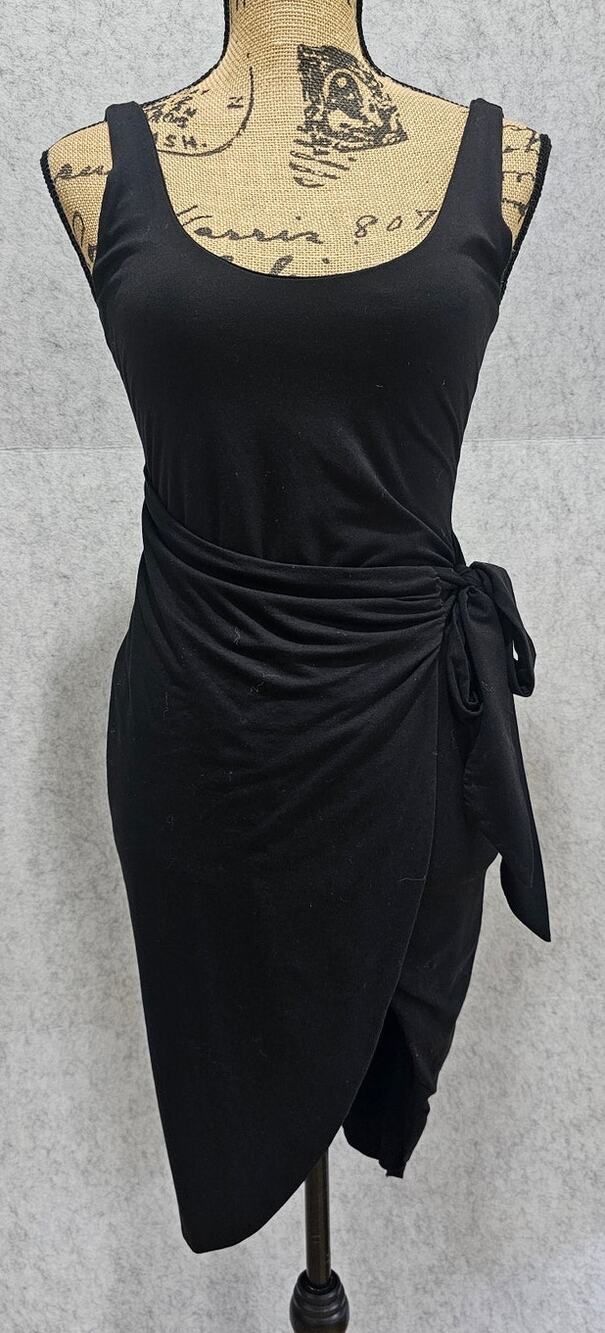 Lovers + Friends Black Ruched Asymmetrical Wrap Midi Dress Extra Small XS